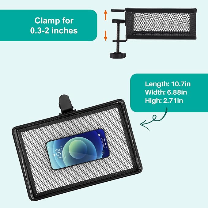 Under Desk Drawer, Clamp on Desk Organizer Under Table Hanging Desk Storage | 2 ways to clamp on: desk side or leg. Under desk organizer, clamp on desk drawer, basket hanging under table shelf, no-drill