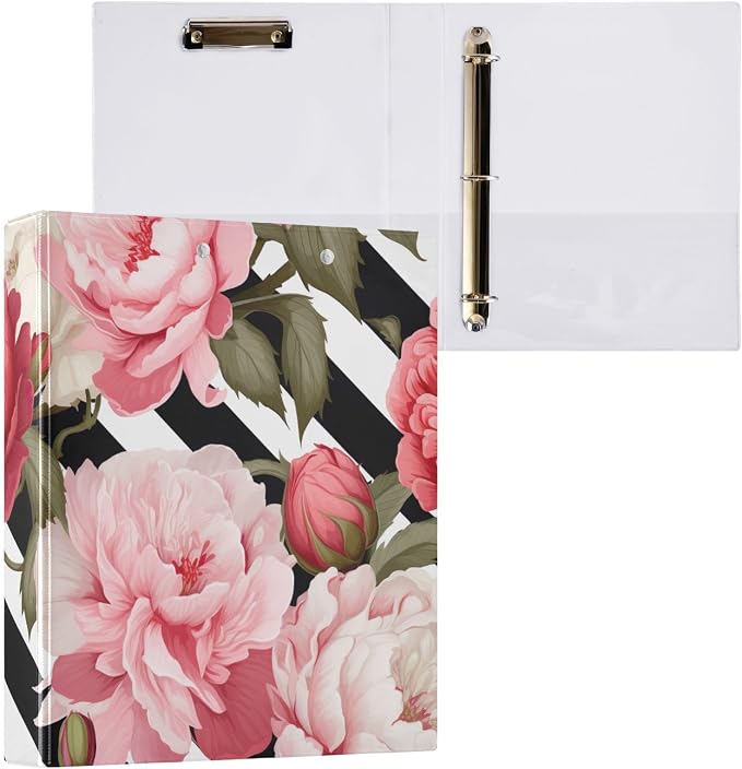 SPRIPORT Black White Striped Rose Peony 1.5 Inch 3 Ring Binder Holds 200 Sheets for Office Supplies Durable PVC Round Ring Binder with Interior Clear Pockets Binder Notebook for Home Work Woman Man
