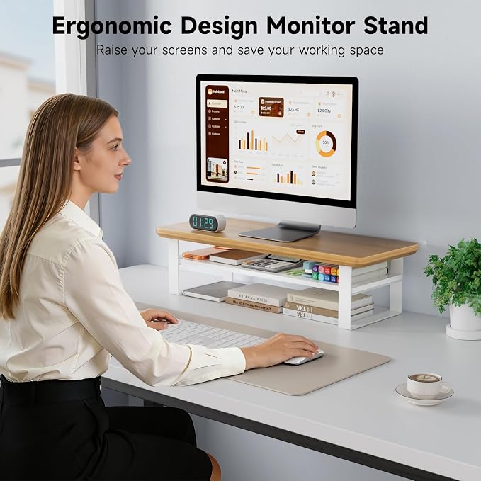 Monitor Stand Riser, 24 Inch Computer Monitor Stand for Desk, 2-Tier Wood Desk Shelf Organizer with Storage, Desktop Stand for Laptop/Screen/PC/Printer, Ergonomic Home Office Monitor Stand
