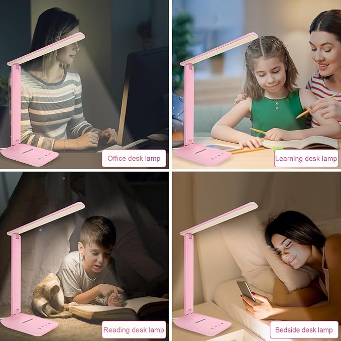 LED Desk Lamp for Office Home, Bright Desk Light with USB Charging Port, Adjustable Dimmable Desk Lamps 5 Modes 5 Brightness, Touch Study Lamp for Nail, Craft, Puzzle, Sewing, Study, Pink