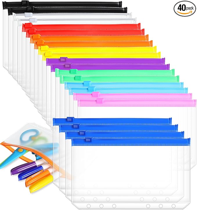 Gersoniel 40 Pieces 6 Ring Binder Zipper Pouch, 6 Hole Binder Pockets with Zipper Bulk Folders A6 Plastic Pouch Colorful Loose Leaf Bags Waterproof PVC Document Filing Bag