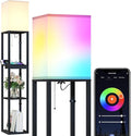 SUNMORY RGB Floor Lamp with Shelves, Solid Wood Shelf Lamps for Living Room | Smart APP RGB Bulb, 1 Drawer & 2 USB Ports & 2 Power Outlet, Modern Standing Lamp, Corner Tall Bookshelf for Bedroom