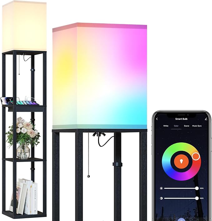 SUNMORY RGB Floor Lamp with Shelves, Solid Wood Shelf Lamps for Living Room | Smart APP RGB Bulb, 1 Drawer & 2 USB Ports & 2 Power Outlet, Modern Standing Lamp, Corner Tall Bookshelf for Bedroom