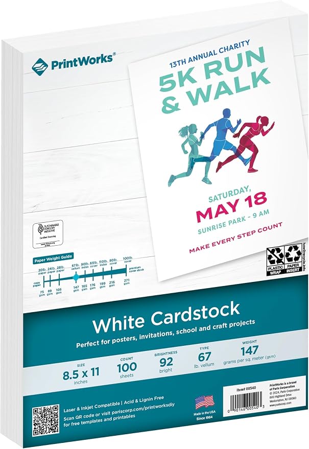 PrintWorks White Cardstock 8.5" x 11" - 67 lb/147 gsm Vellum Bristol, Made in the USA - SFI-Certified 92 Bright Card Stock Printer Paper for School, Craft, & Office Use (00540) 100 Sheets (Pack of 5)