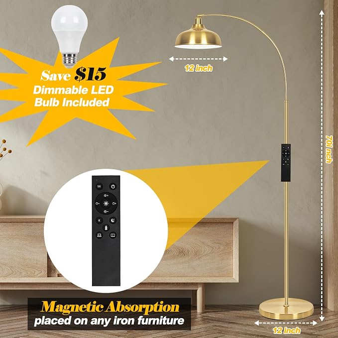 Gold Floor Lamps for Living Room- Arc Floor Lamps over Coach Lamp 70” | Dimmable Floor Lam with 9W Bulb, 360° Adjustable Metal Shade, Remote Control, Gold Mid Century Modern Floor Lamp for Bedroom