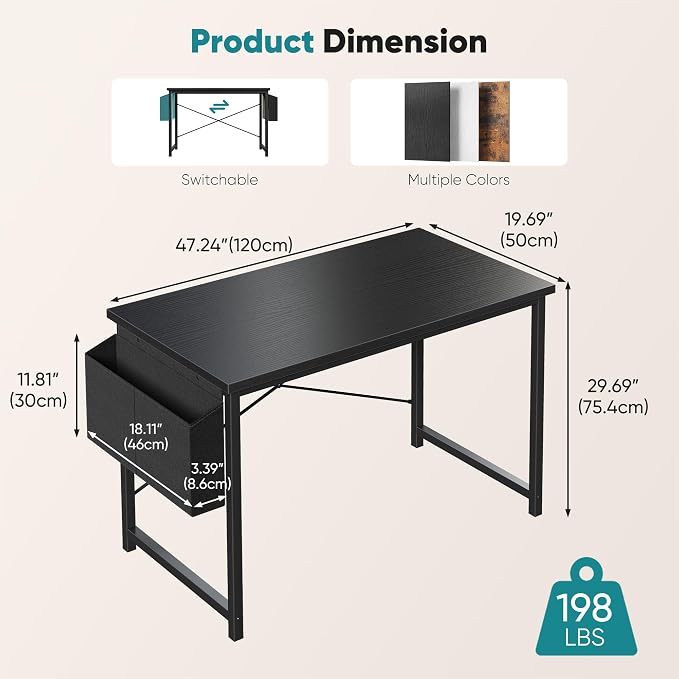 OLIXIS Computer Desk, 47 Inch Gaming Desks for Home Office Small Spaces | Writing Study Craft Work Table, Computer Workstation for Bedroom with Storage Bag, Black