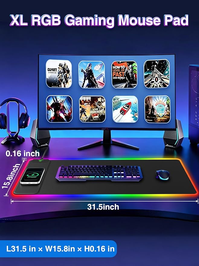 RGB Gaming Mouse Pad with 15W Magnetic Wireless Charging, 31.5'' x 15.8'' | 24 Lighting Effects Desk Mat LED Mousepad with Non-Slip Rubber Base, Light up Your Desk, Waterproof Ultra-Smooth Surface