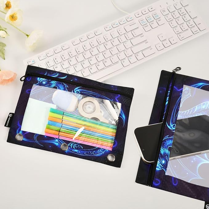 Dragon Blue Black Pencil Pouch for 3 Ring Binder, 2 Pack Waterproof Pencil Bags Clear Window Pencil Case Zipper School Office Supplies