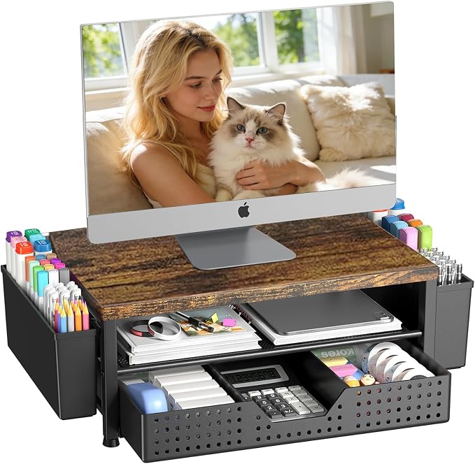 Desk Organizers and Accessories, Computer Monitor Stand Riser with Drawer and 2 Pen Holders, Printer & Laptop Stand, Office Desk Accessories & Workspace Organizers for Home Office Supplies, Brown