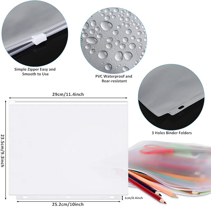 Zonon 30 Pcs A4 3 Rings Tansparent Zipper Binder Pouches Clear Binder Pockets with Zipper Folders Waterproof PVC Loose Leaf Bags Filling Bags for Pen Pencil Notebooks File Document
