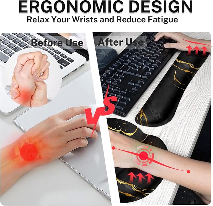 Keyboard Mouse Pad Set, 4 in 1 Desk Mat Set, Marble Black Gold | Large Mousepad+Keyboard Wrist Rest+Mouse Wrist Rest+Coaster Ergonomic Design for Home Office Computer