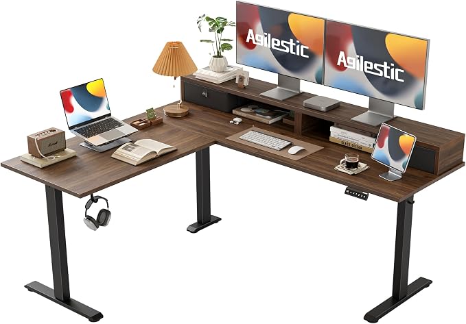 Agilestic 63 Inch L Shaped Electric Standing Desk with Drawer, Dark Walnut | 2 Stroage Drawers, Monitor Shelf, Corner Desk, Ample Workspace, Memory Presets, Hooks, Stable Steel Frame,176 lbs