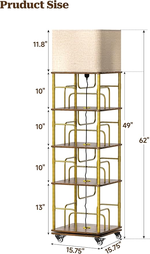 4 Tier Rotating Bookshelf Tower, 360° Spinning Book Shelf with Lights&Wheels,Square Revolving Bookcase Organizer,Narrow Swivel Bookshelves Turning Corner Bookshelf for Small Space,Gold