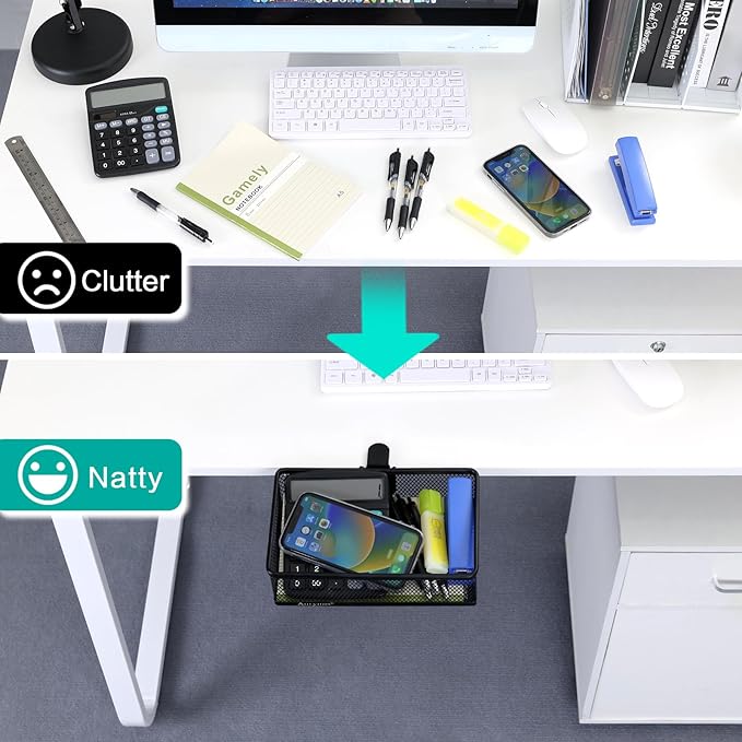 Under Desk Drawer, Clamp on Desk Organizer Under Table Hanging Desk Storage | 2 ways to clamp on: desk side or leg. Under desk organizer, clamp on desk drawer, basket hanging under table shelf, no-drill