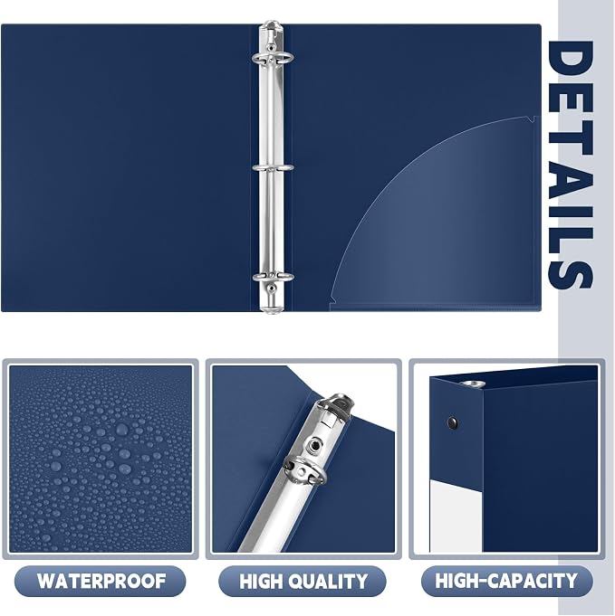 Henoyso 24 Pcs 1.5 Inch 3 Ring Binders, Letter Size,Navy Blue | Binders Bulk, Holds 350 Sheets, Round Rings, Durable Flexible PP Plastic Covers, Pockets Labels, School Office Supplies