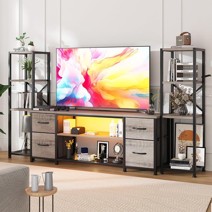 Yenlure LED TV Stand Bookshelf Combo with Charging Station for 65 60 55 Inch TV, Entertainment Center with Lights & Drawers, Industrial Media TV Console Table for Living Room Bedroom Office, Greige