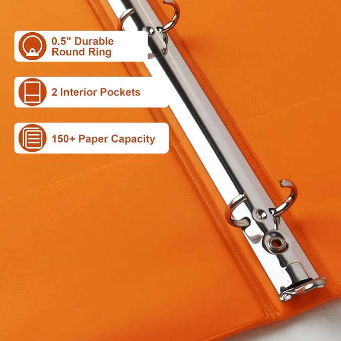 CIXILDTS 0.5-inch Round Ring Binder, Durable 1/2" 3 Ring Binder Fit Letter Size Paper, Orange, 6-Pack