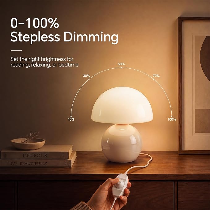 Mushroom Lamp Table Lamp for Bedroom-Small Desk Table Lamps,Cream | 8.7" Mid Century Modern Table Lamps for Living Room Bedroom Decor,Cute Ceramic Lamps for Mushroom Home Room Decor,Glass Shade