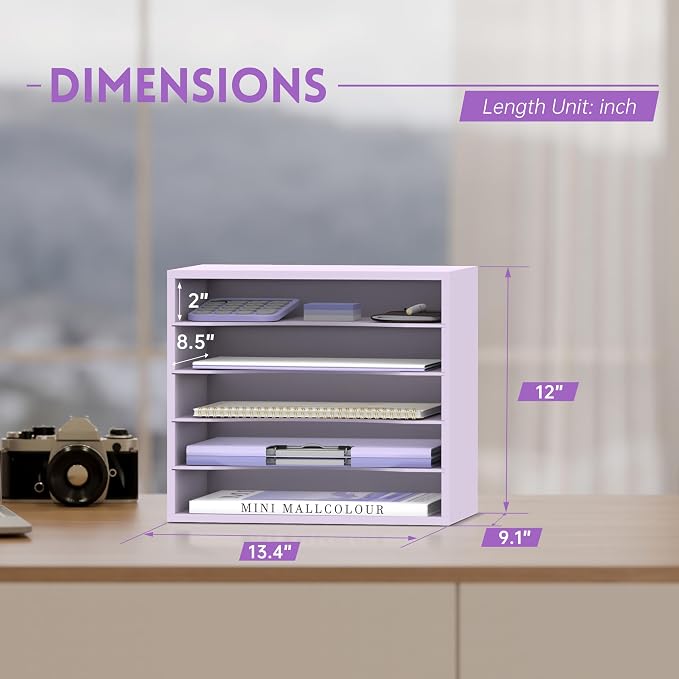 5 Tier Wood Desk Organizer, Paper Organizer for Desk, Purple | Wooden Desktop Organizer for Sorting Papers, Letters and Mails, Literature Organizer for Home Office, Classroom Organization