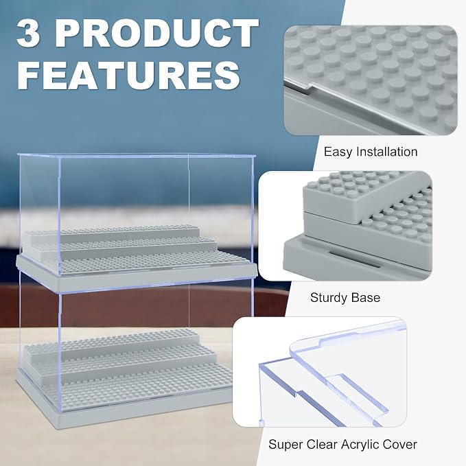2 Pack Display Case for Minifigure Action Figures Blocks, Acrylic Minifigure Display Case Box Storage with 3 Movable Steps Gift for Kids Adults (Grey)