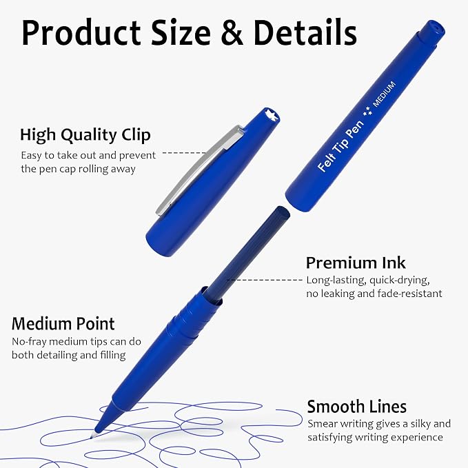 Lelix Felt Tip Pens, 40 Blue Pack, 0.7mm Medium Point, Felt Tip Markers Pens for Journaling, Writing, Note Taking, Planner, Perfect for School Office and Art Supplies