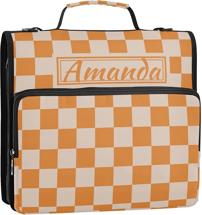 Custom 3 Ring Zipper Binder Orange Checkerboard Personalized Name 1.5 inch Binders Large Capacity Multi Pockets for School Office Supplies