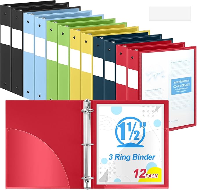 Henoyso 1.5 Inch 3 Ring Binders with Clear Front Cover and 2 Pockets, Round Ring Binders Fits 8.5'' x 11'' Letter Size Paper for School Office Supplies, 12 Pack (Assorted Color)