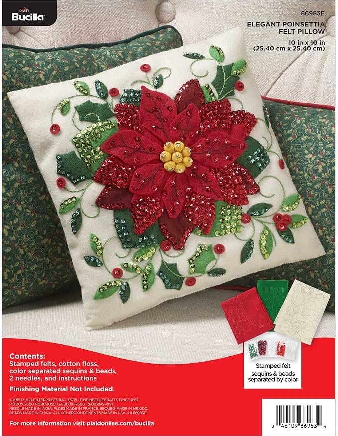 Bucilla Felt Applique Kit, 10" x 10" Holiday Felt Pillow Kit, Elegant Poinsettia