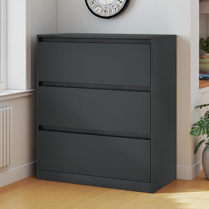 AMERLIFE Storage Cabinet with 3 Drawers, 32 x 16 x 36 Inch | 3-Tier Storage Case and Modern Display Shelf for Collectibles, Black