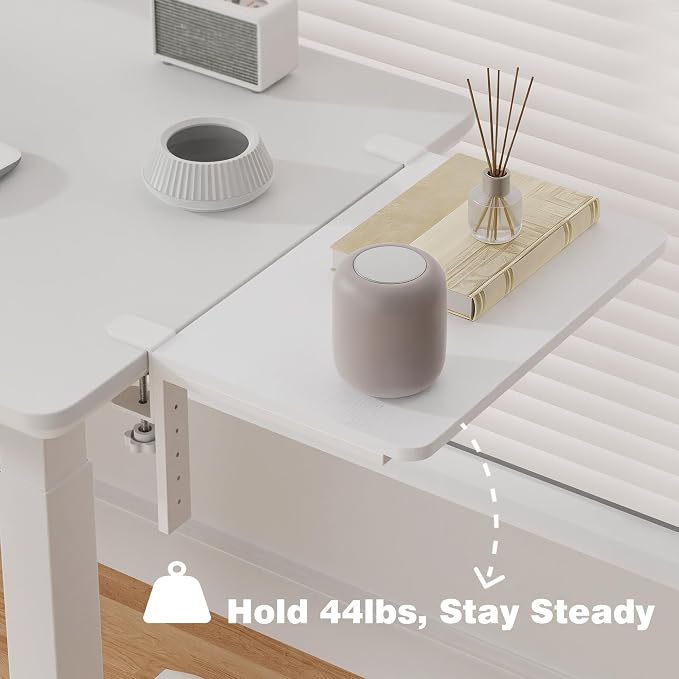 Desk Extender, 15-inch Clamp-On Desk Shelf, Height-Adjustable Desktop Shelf Organizer for Monitors Office and Gaming Accessories, Arm Support Table Extension, 44lbs Heavy Duty, White
