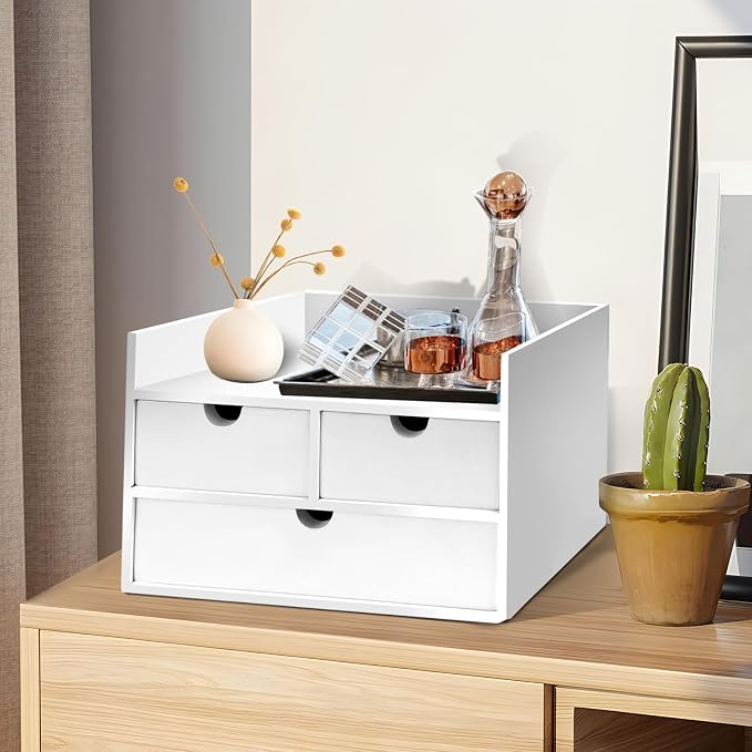 Charmewooden Bamboo Desk Organizer 3 Drawer with Shelf, Countertop Organizer with Drawers Makeup Storage Drawer 3 Drawers Tabletop Storage Organization Box Home Office Workspace（White）