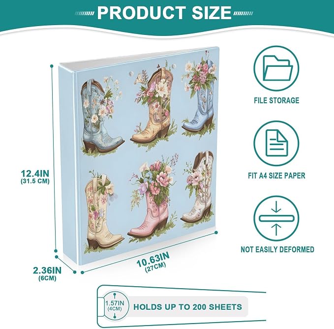 3 Ring Binder Cowboy Boots Flowers 1.5" Round Ring Binders View Binder with 200 Sheet for Kids School Supplies Women Men Office, 1 Pack