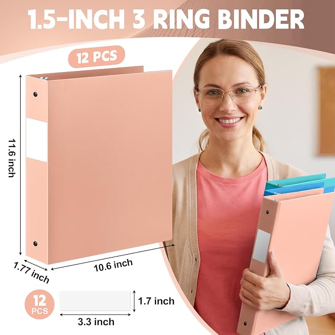 Henoyso 12 Pcs 1.5" 3 Ring Binders, Colored Binders, Neutral Color | Flexible Soft Binders, for Office School Business, Fits Letter Size 8.5'' x 11'' Paper, Holds 100 Sheets with 2 Pockets