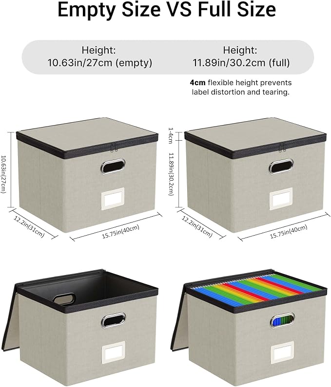 Oterri File Box Large 2-Pack Hanging Organizer for Letter/Legal-Size Folder | Dustproof Lid. 3 Mesh Pockets. Collapsible Scratch-Resistant GRS Linen. Slide Rails. Office, Home, Dorm