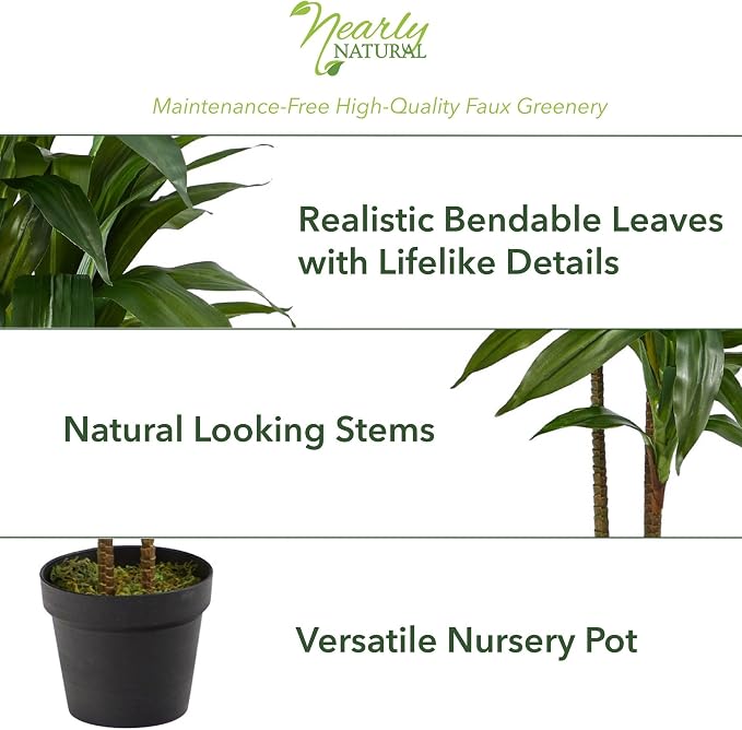 Nearly Natural 48 in Artificial Dracaena Real Touch Plant with Pot | Multi-Tonal Trunks, Large Indoor Silk Plant, Maintenance-Free, Living Room and Home Office Decor
