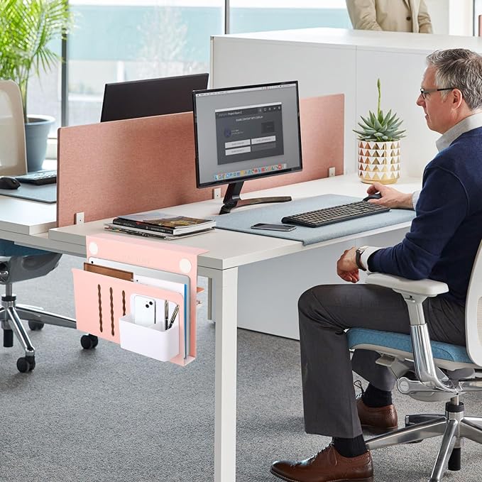 LUKETURE Desk Side Storage Laptop Holder No Drill Clamp On Organizer | Steel Side Desk Organizer, Clamp on Laptop Mount with Pen Holder, Hanging Storage for Home Office, Fits 0.3" to 2.8"