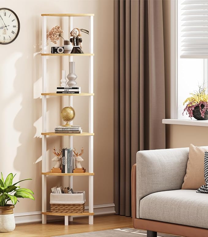 Corner Shelf, 6-Tier Corner Bookshelf, Industrial Corner Ladder Shelf, DIY Storage Shelves, Rustic Display Shelf for Living Room, Bedroom, Kitchen, Home Office, White and Nature Wood Color UJSJ004Q