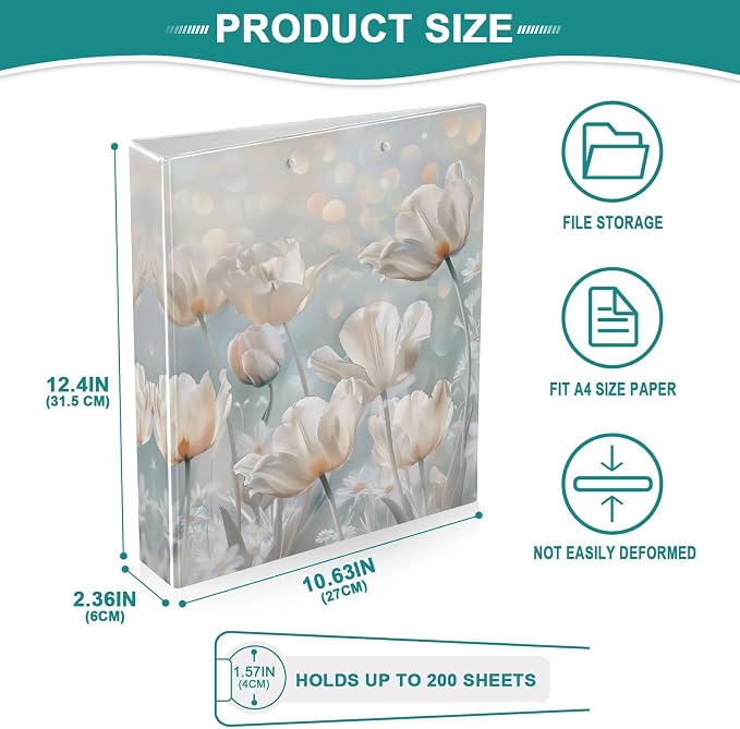 3 Ring Binder White Flowers 1.5 Inch Three Ring Binder | Cute Binder with 3 Storage Pockets for Women School Office Supplies