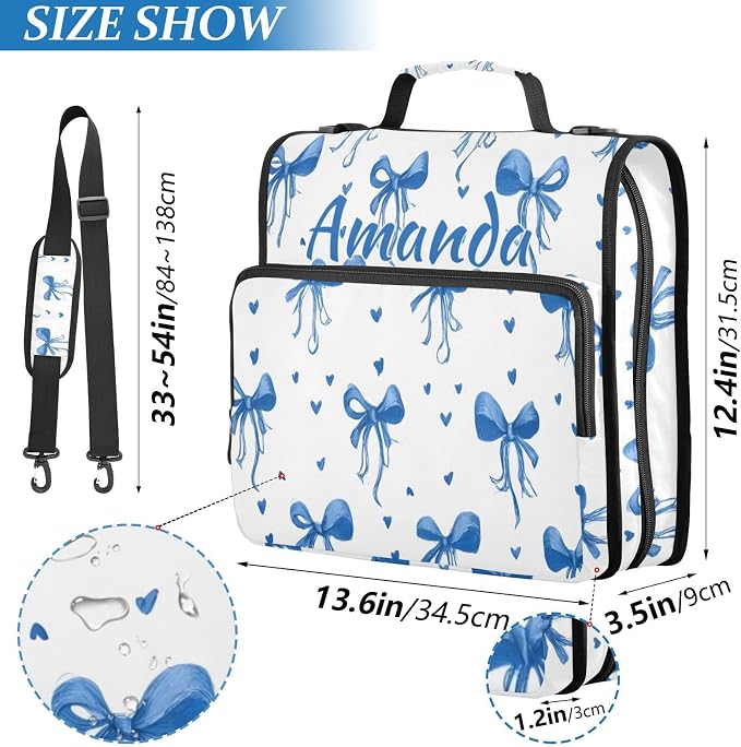 Custom 3 Ring Zipper Binder Blue Bows Ribbons Polka Dots Personalized Name 1.5 inch Binders Large Capacity Multi Pockets for School Office Supplies