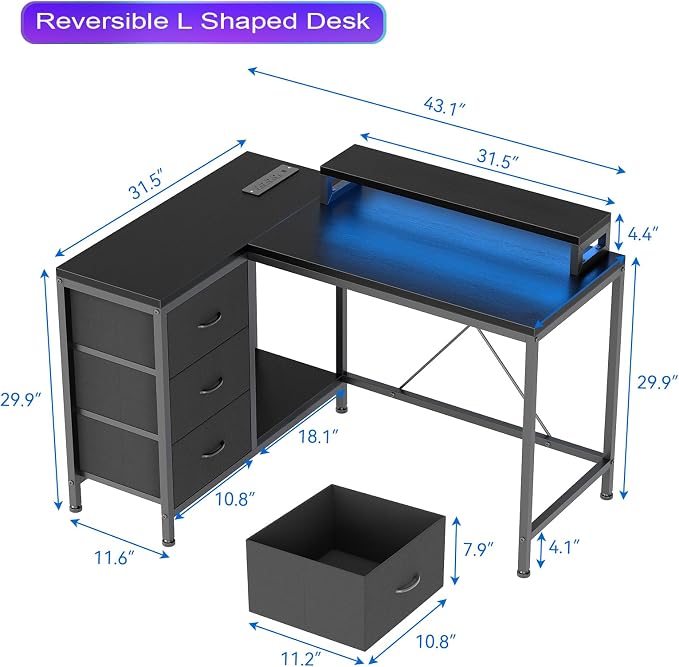 Garvee L-Shaped Computer Desk with Power Outlets & LED Lights - 43-Inch Reversible Corner Gaming Desk with 3 Drawers, Storage Shelves & Removable Monitor Stand, Modern Home Office Desk