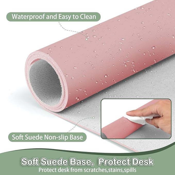 Boutilon Leather Desk Pad Protector,Non-Slip Mouse Pad,Laptop Desk Pad,Office Mouse Mat,Waterproof Leather Desk Blotter,Desk Writing Pad for Office and Home (XXL-Pink,47.2"x 17")