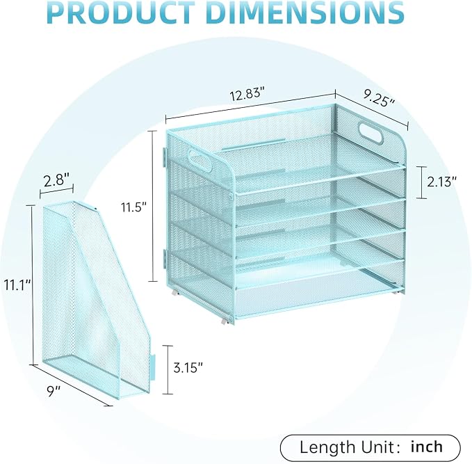 5-Tier Desk Organizer with File Holder, Paper Organizer for Desk, Blue | 5 Letter Trays and Vertical File Holder with Metal Mesh Frame for Papers Folders Books and Mail in Office Home or School