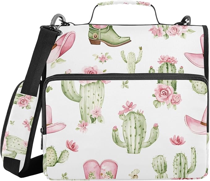3 D-Ring Zipper Binder Bag, Cactus Cowboy Boots Pink Cowboy Hat Removable Binder with Zipper Case Hold 300+ Sheets& 13 Inch Laptop for School Office Supplies Organizer