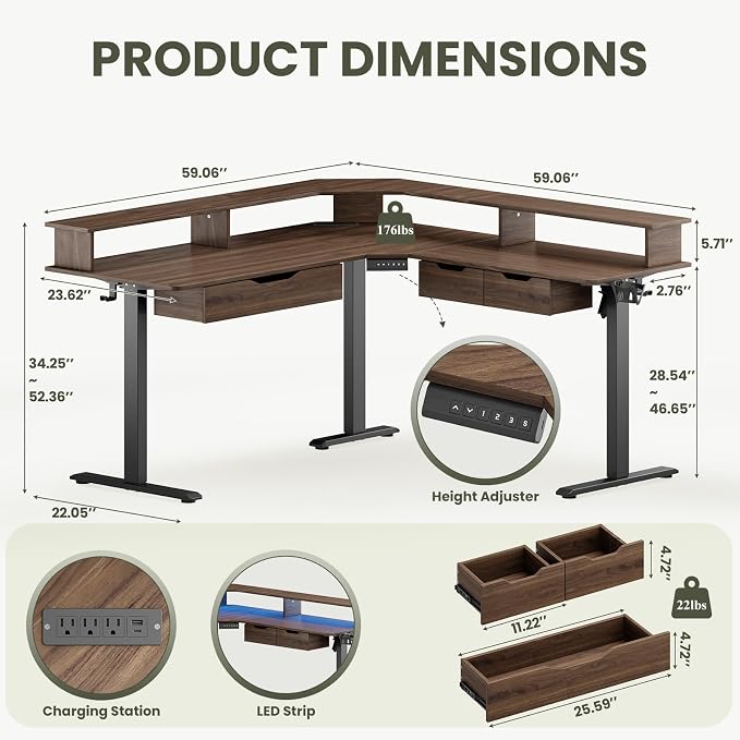MALOL 59" L Shaped Electric Standing Desk with Drawers, Height Adjustable Desk with Power Outlets & LED Lights, Monitor Stand, Corner Computer Desk for Home Office, Walnut