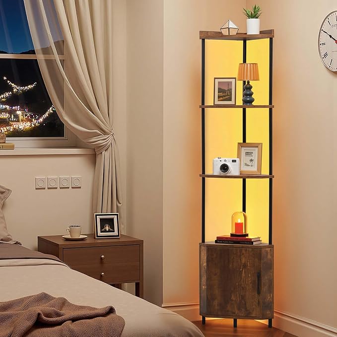 VEVOR 5 Tier Corner Shelf with LED Light, 65.4" Tall Corner Bookshelf with Storage Cabinet, Display Shelf with Multi-Color Lights Controlled Via RC/APP for Bedroom, Living Room, Office