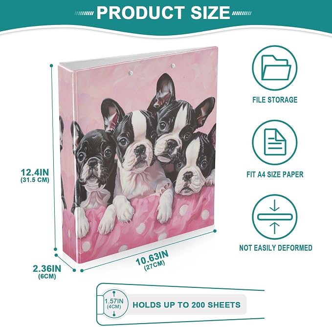 Boston Terrier Puppies Pink 1.5 Inch Binders 3 Ring for Letter Size Holds 200 Sheets Notebook Binder with Clipboard for Women or Men 2 Pack