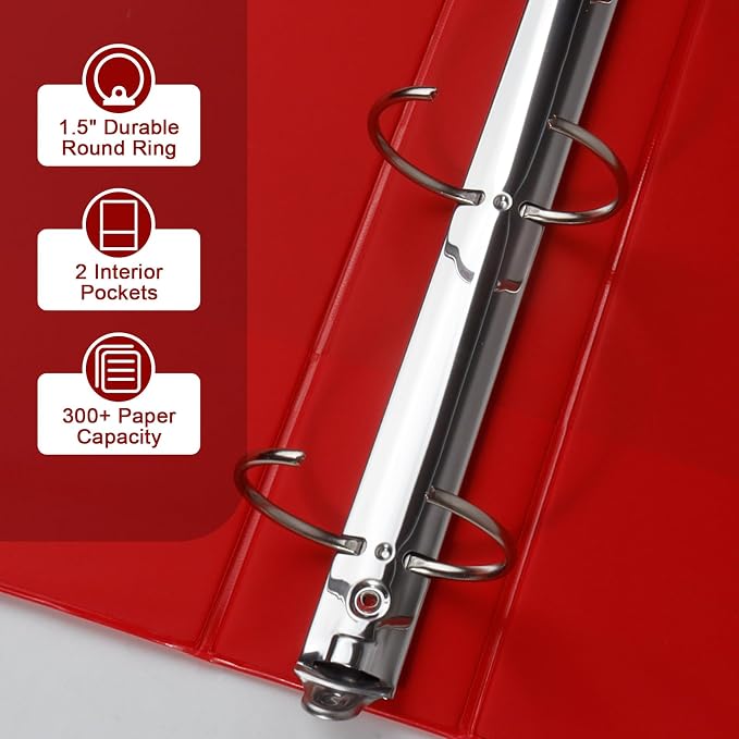 CIXILDTS 1.5-inch Round Ring Binder, Durable 1-1/2" 3 Ring Binder Fit Letter Size Paper, Red, 6-Pack