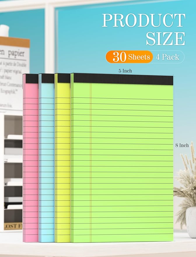Small Colored Legal Pads 5x8, 4 Pack Colored Notepads 5x8 Lined Note Pads