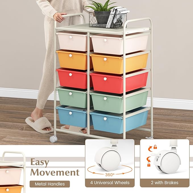 GOFLAME 10-Drawer Rolling Storage Cart, Art Craft Storage Organizer on Wheels, Multipurpose Movable Utility Cart for School, Office and Home, Macaron Color