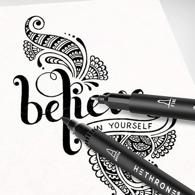 Hethrone Black Markers for Drawing - Brush Pens with Felt Tips for Artists - Calligraphy Pens, 12 Pack